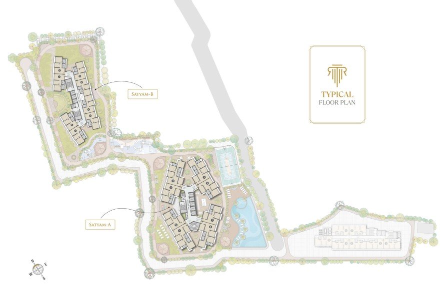 Aerial view of floor plan showing 1, 2 & 3 BHK apartments at Raj Legacy Satyam Mira Road East โ RAJ LEGACY SATYAM MIRA ROAD EAST . NEAR SAI KARISHMA COMPLEX . KANAKIA . RAJ REALTORS RAJ LEGACY 1 . SATYAM A . SATYAM B . MIRA ROAD EAST