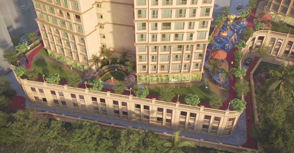 Aerial view of premium residential towers at Mira Road East – RAJ LEGACY SATYAM MIRA ROAD EAST . NEAR SAI KARISHMA COMPLEX . KANAKIA . RAJ REALTORS RAJ LEGACY 1 . SATYAM A . SATYAM B . MIRA ROAD EAST