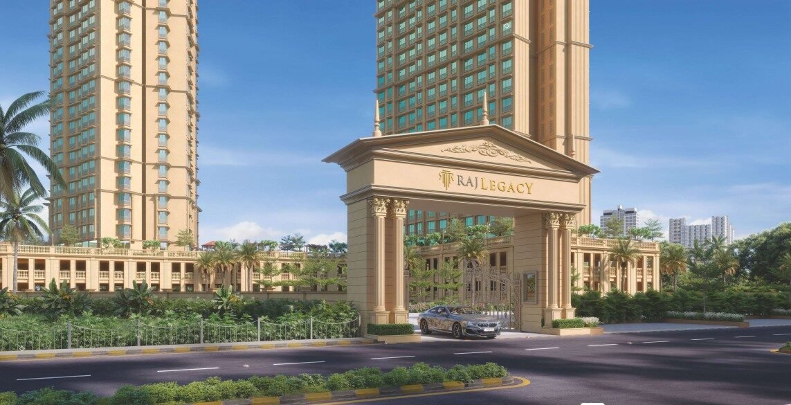 Grand tower entrance of premium residential project in Mira Road East – RAJ LEGACY SATYAM MIRA ROAD EAST . NEAR SAI KARISHMA COMPLEX . KANAKIA . RAJ REALTORS RAJ LEGACY 1 . SATYAM A . SATYAM B . MIRA ROAD EAST